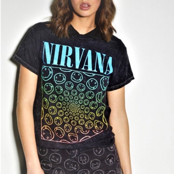 Nirvana Rainbow Smiley Face Black Mineral Wash Tee Graphic T shirt - Picture 6 of 6